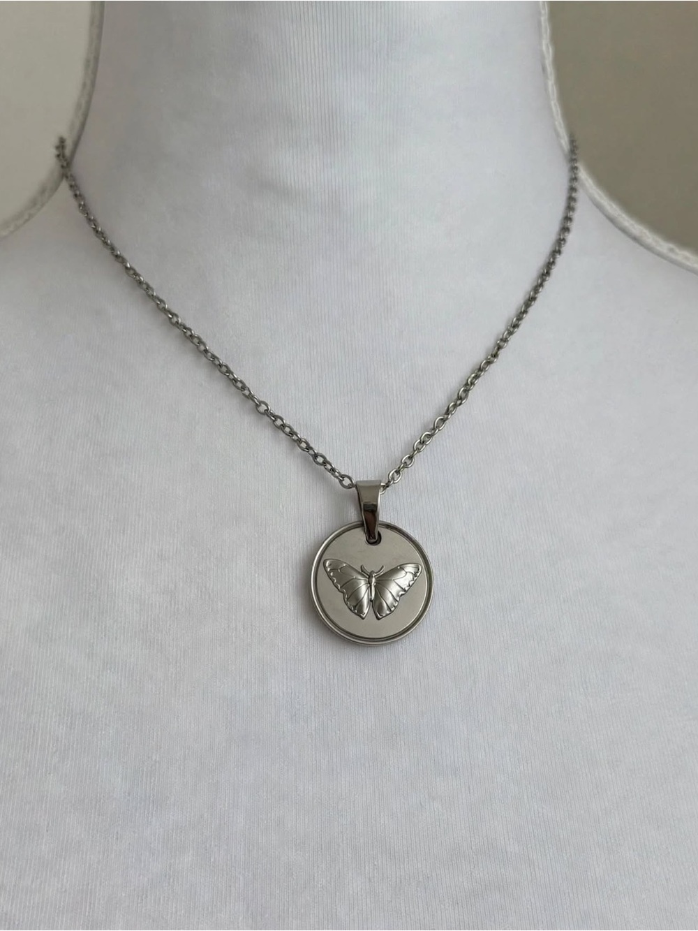 Twenty Compass Butterfly Coin Necklace Stainless Steel Silver Tone  16-18"